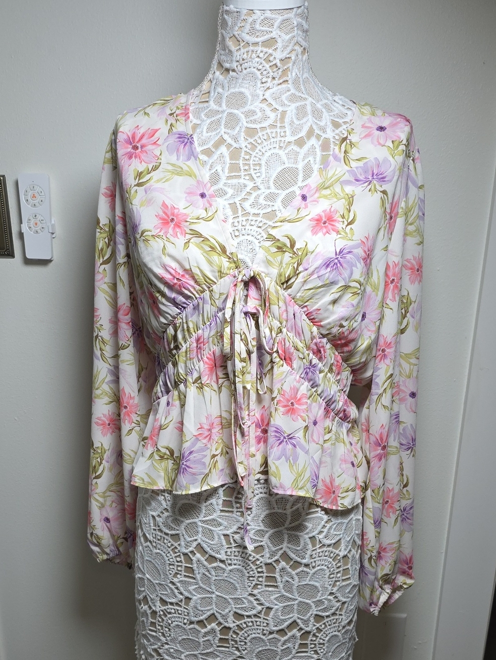 Express Floral Tie-Front Blouse - Pink & Lavender on Cream
